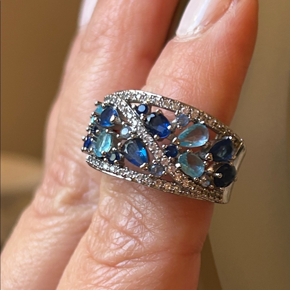 Silver and Lab Sapphire/Topaz Ring y.